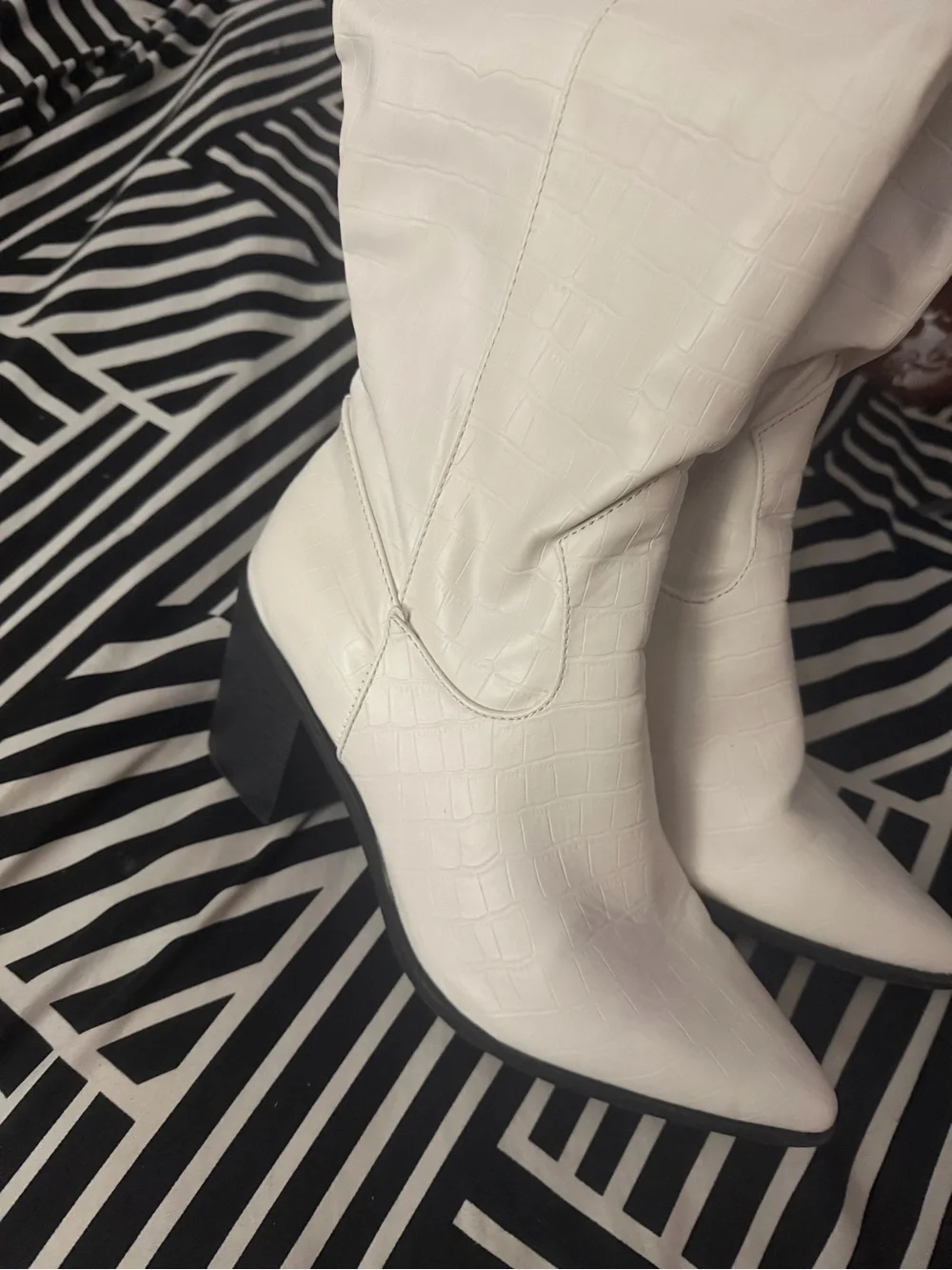 White Croc-Embossed Knee-High Western Boots